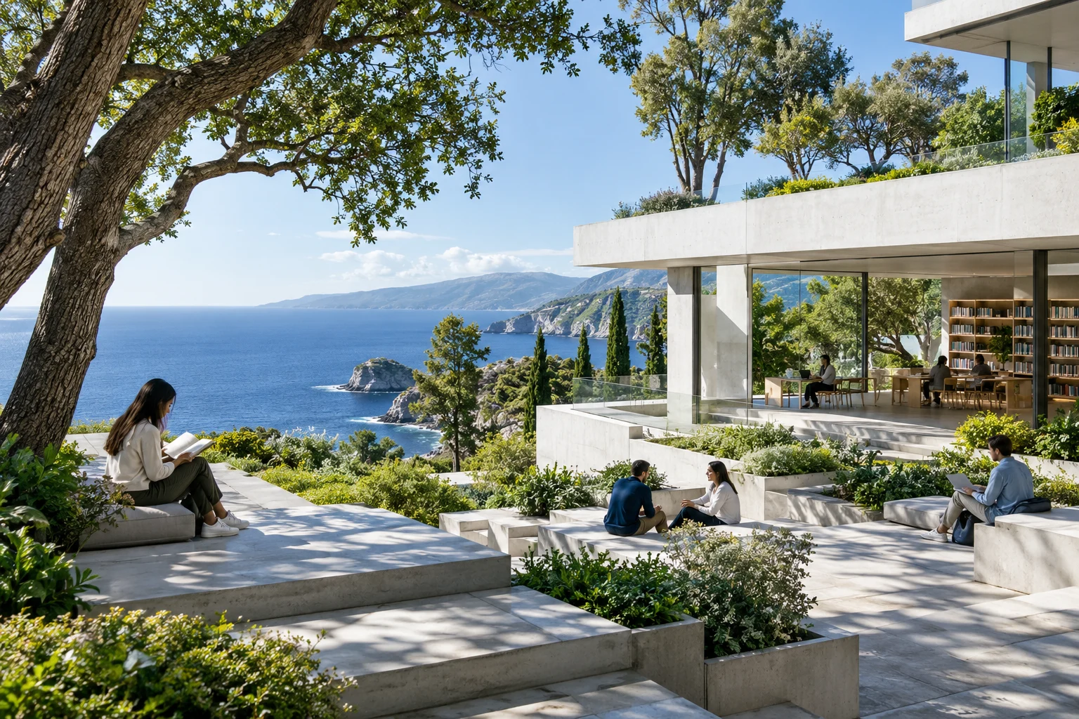An imagined university reading terrace by the sea